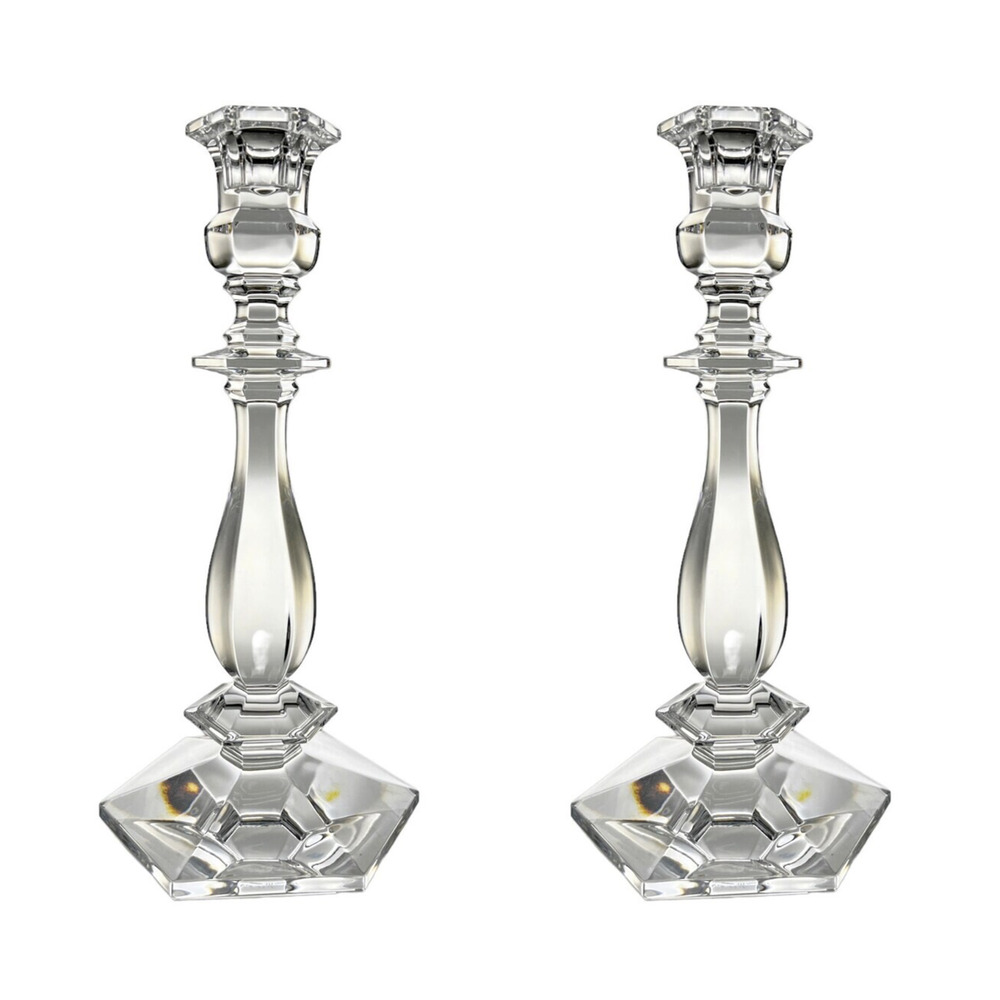 Vintage 10" Pair Val Saint-Lambert Lafayette Multi-Sided Crystal Candlesticks